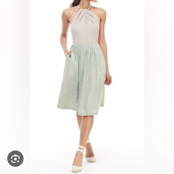 Gal Meets Glam Gingham Colorblock X-Back Pleated Halter Dress - Picture 2 of 11